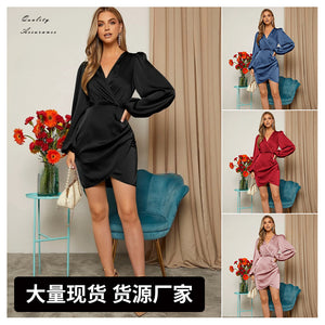 Cross v neck dress satin satin long sleeves dress cross-border celebrity style silm women's clothing