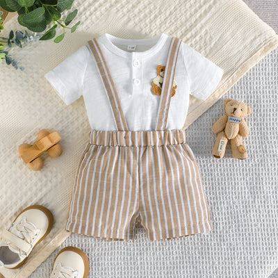 new baby summer outfit: bear embroidered short-sleeve tee + striped suspender shorts two-piece set