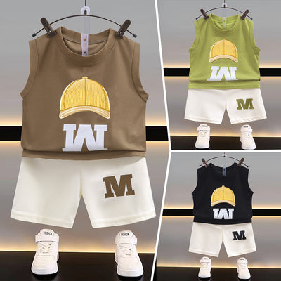 Summernew arrivalkids vest suit boys sleeveless tops shorts k-style summer two-piece set children's clothing thin wholesale