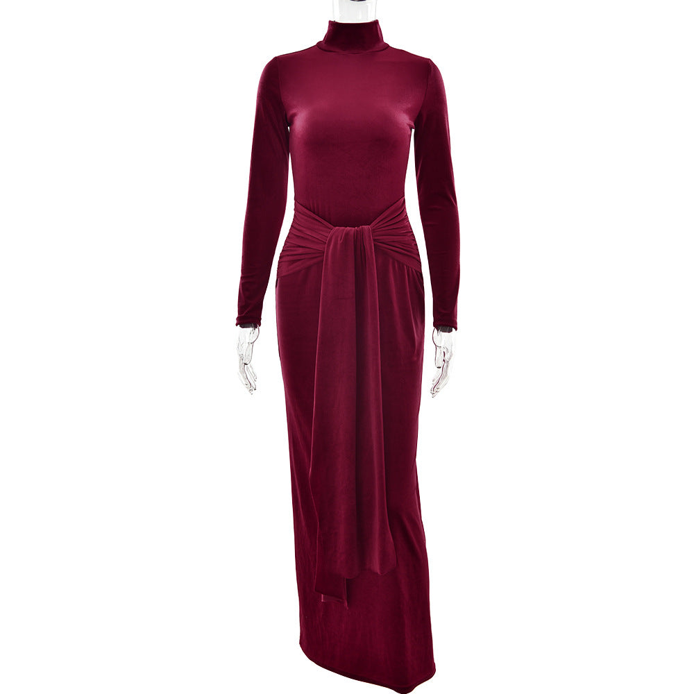 European and American  autumn and winter sexy women's dress, semi-turtleneck long-sleeved solid color long dress with straps and pleated dress