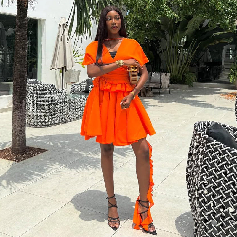 European and American  women's clothing 2025 summer new temperament V-neck ruffle edge short-sleeved top high-waisted skirt set