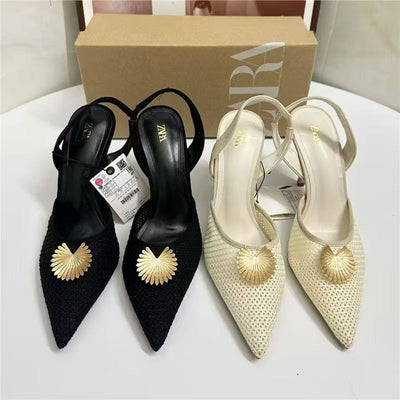 Za2025autum new fashion woven surface women's shoes classypointed toe high heels women's embellished metal flower sandals