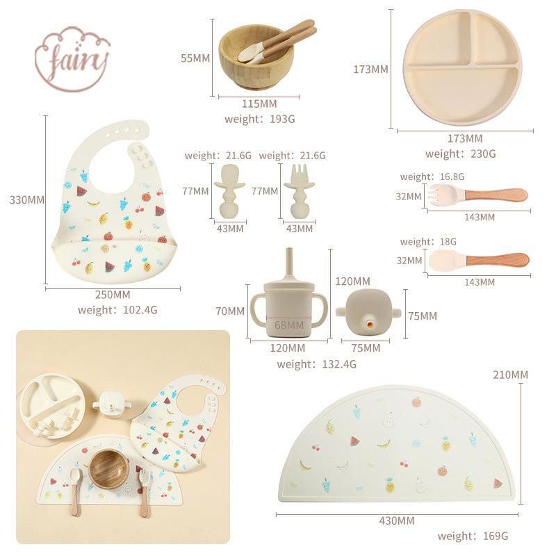 Cross-border wholesale silicone children's tableware set, children's products, complementary food bowls, forks, spoons, bibs, seven-piece tableware set