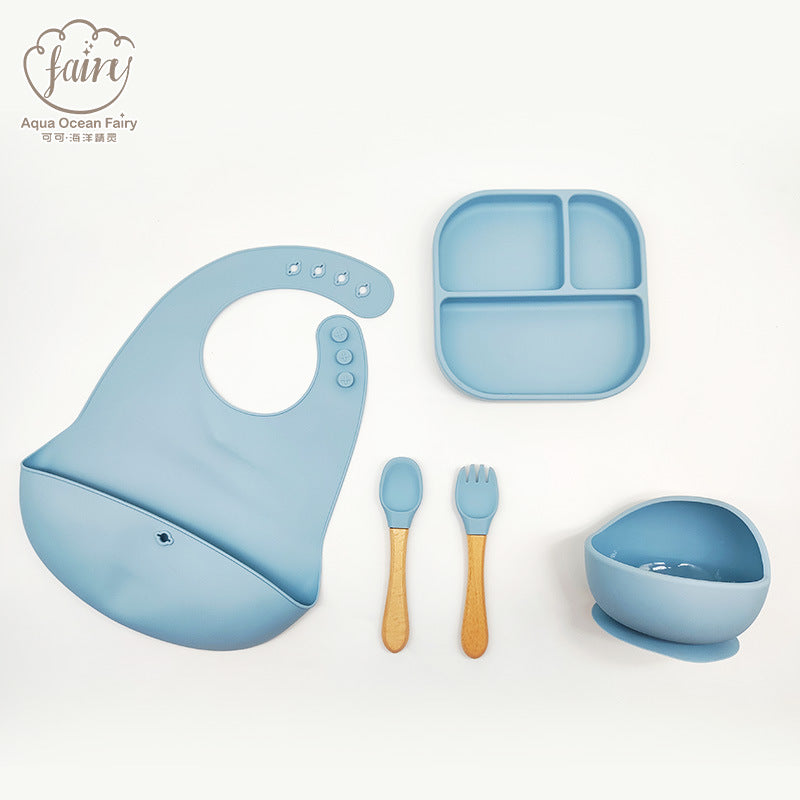 Cross-border hot product silicone children's plate set baby food supplement silicone fork and spoon suction cup tableware anti-drop tableware set