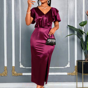European and american sexy v-neck satin party dress ruffle trim slim fit slit bodycon evening gown dresses