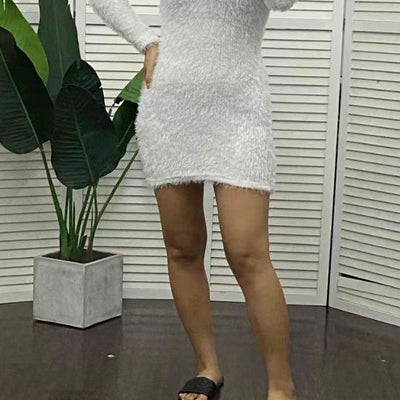 european and american trendy fashionable elegant commute solid color high neck long sleeve women's short slim-fit bodycon dress