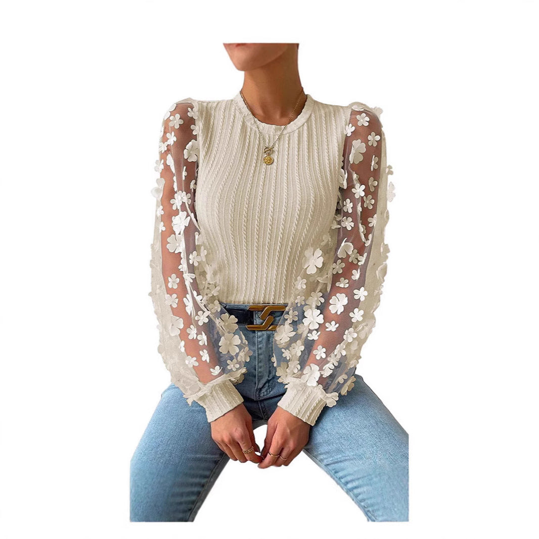European and American  women's clothing, mesh floral chiffon shirt women's 2024 spring and summer round neck thin pullover long-sleeved top