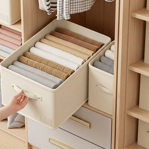 Fabric clothes storage box for wardrobe layering, clothes and pants organizer, cotton linen foldable storage basket for home use