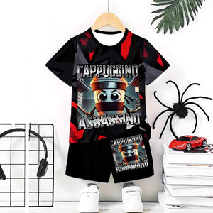 "stylish digital 67 print," perfect for summer wear, boys' outdoor sports t-shirt set