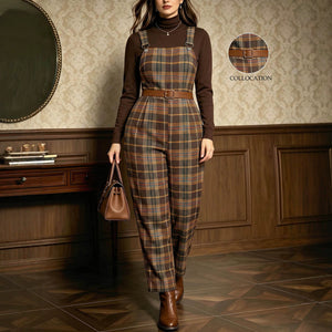 European and american retro style plus size women's pants - plaid print overalls with suspender straps, belted waist, loose fit straight leg trousers