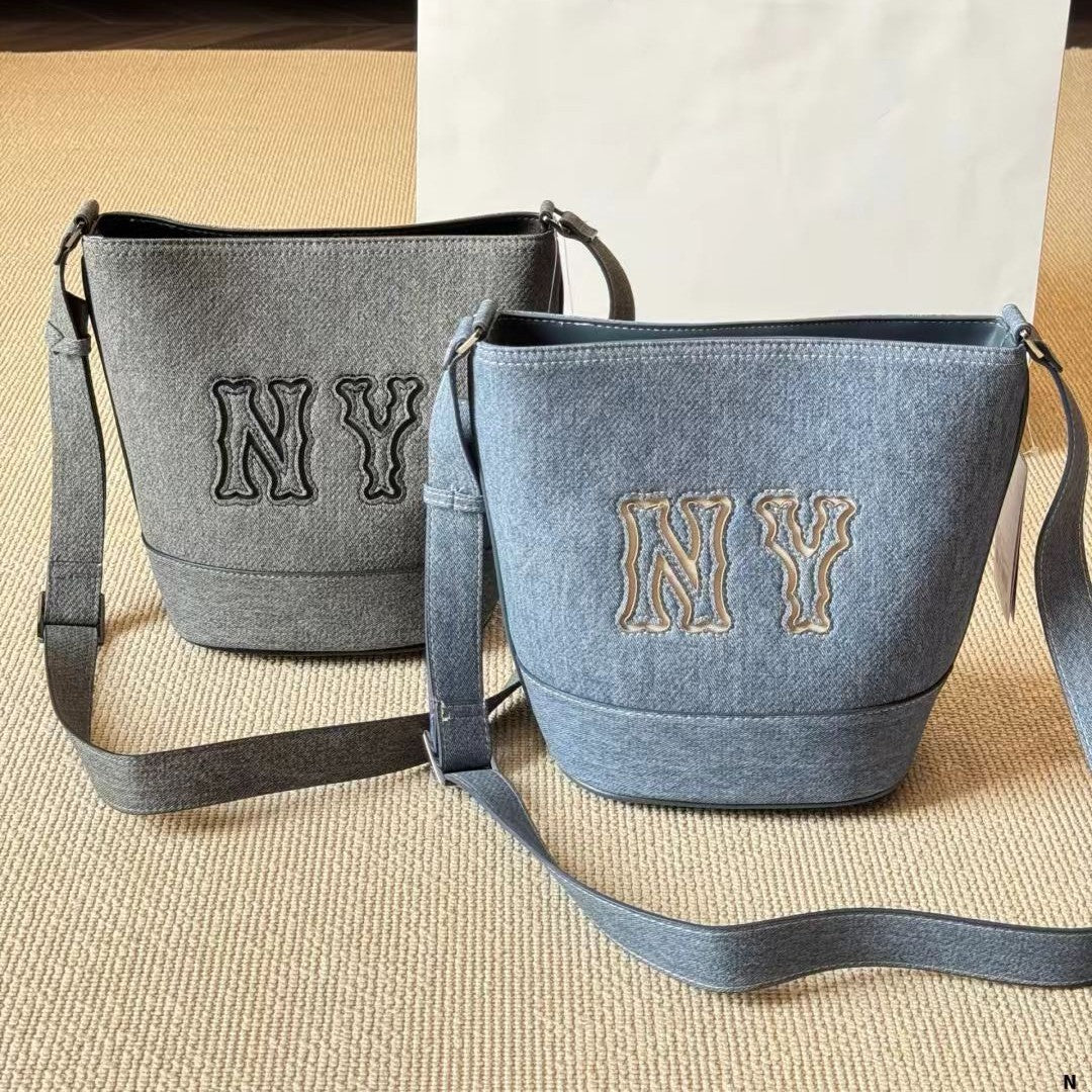 MLB casual retro denim bucket bag fashion letter embroidery portable shoulder women's bag versatile fashion tote bag