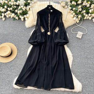 French chic high-end elegant dress - spring fashion: metallic buckle waist, slimming lantern sleeve chiffon maxi dress