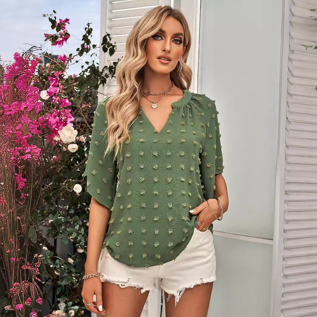 2024 European and American spring and summer new  popular  women's clothing casual style V-neck solid color hairball top women