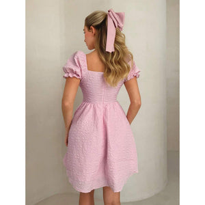 fashion summer new arrival elegance french holiday style square collar puff sleeve jacquard dress