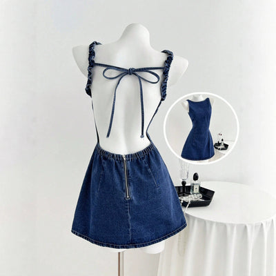 X-spot-16655# cross-border sexy backless bow elastic women's summer denim dress