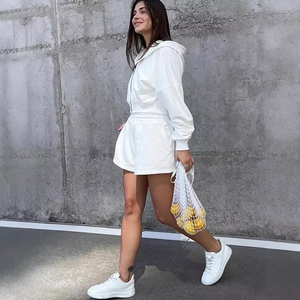 European and American  women's clothing fashion short zipper jacket shorts two-piece set casual sports cardigan shorts set women