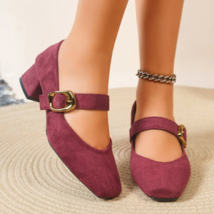 Retro thick heel suede square toe flats women's spring & fall new arrivalfleece-lined leopard print one-word buckle mary jane shoes
