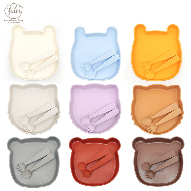 Cross-border hot-selling children's tableware sets, food-grade silicone dinner plates, anti-drop baby food, silicone spoons, tableware