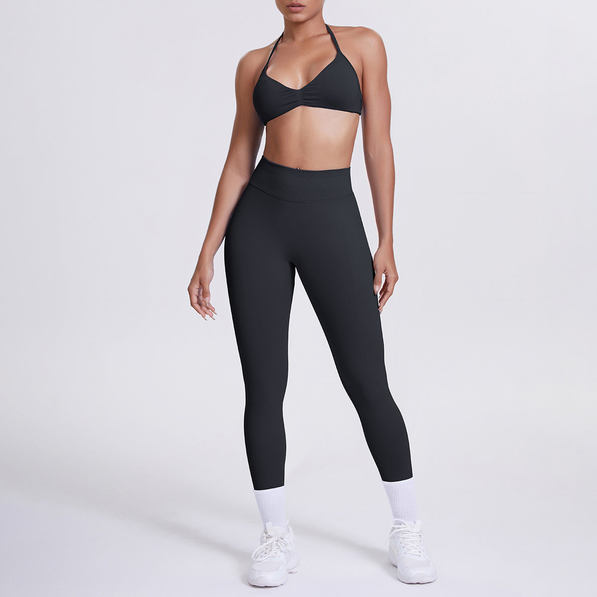 Spot solid color yoga clothes high waist peach hip sports trousers suspenders beautiful back neck bra fitness yoga set
