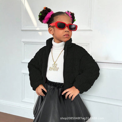 kids' black solid color jacket - european and american trendy fashion new girls' stand collar cardigan
