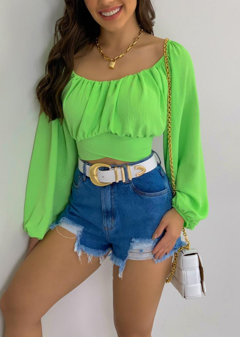 Spot European and American  tops women's solid color open-button lantern sleeves one-word collar sexy lace-up women's bubble sleeve shirt