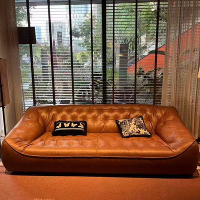 Bean bag sofa retro oil wax leather medieval style designer living room straight row three-person slotaccessible luxury first-layer cowhide sofa