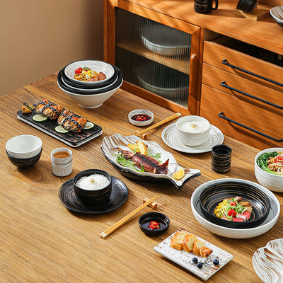 Vintage spiral japanese ceramic dinnerware set - restaurant & home decor ceramic bowls, plates, western dinner plates, high-style rice bowls, round plates