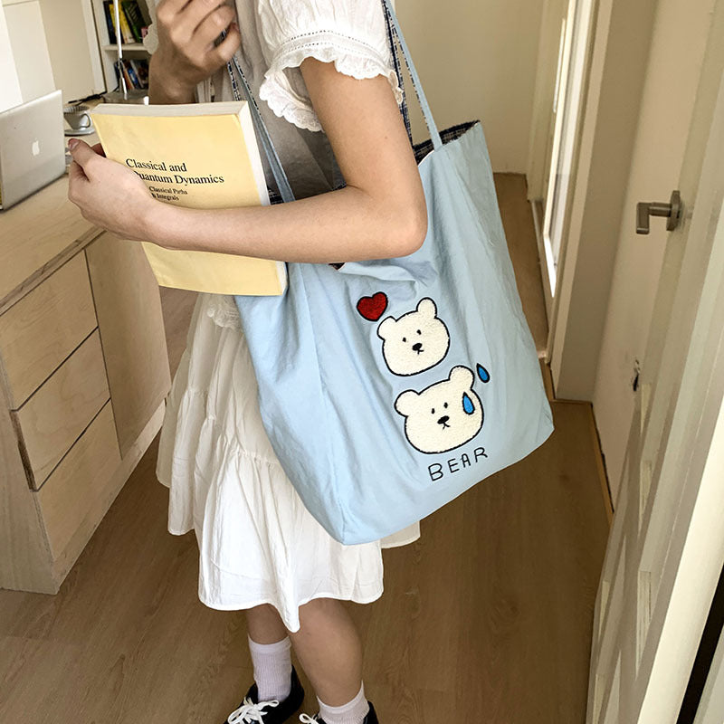 Canvas bag 2025 new women's handheld cloth bag large capacity carrying book bag junior high school students tutoring embroidered shoulder bag