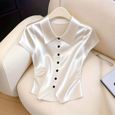 in-stock cross-border fashion: elegant european and american style women's satin blouse - summer casual solid color short top shirt