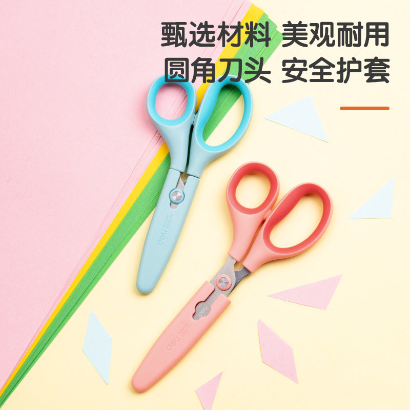 Deli 6074 child safety scissors student scissors with sheath curved cutting edge paper DIY handmade portable scissors