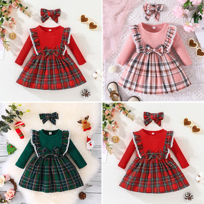 girls' long-sleeved dress - autumn/winter kids' christmas plaid skirt - baby infant red a-line dress