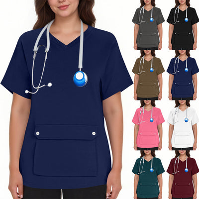 cross-border new women's caregiver uniform solid color short sleeve pocket workwear pullover top