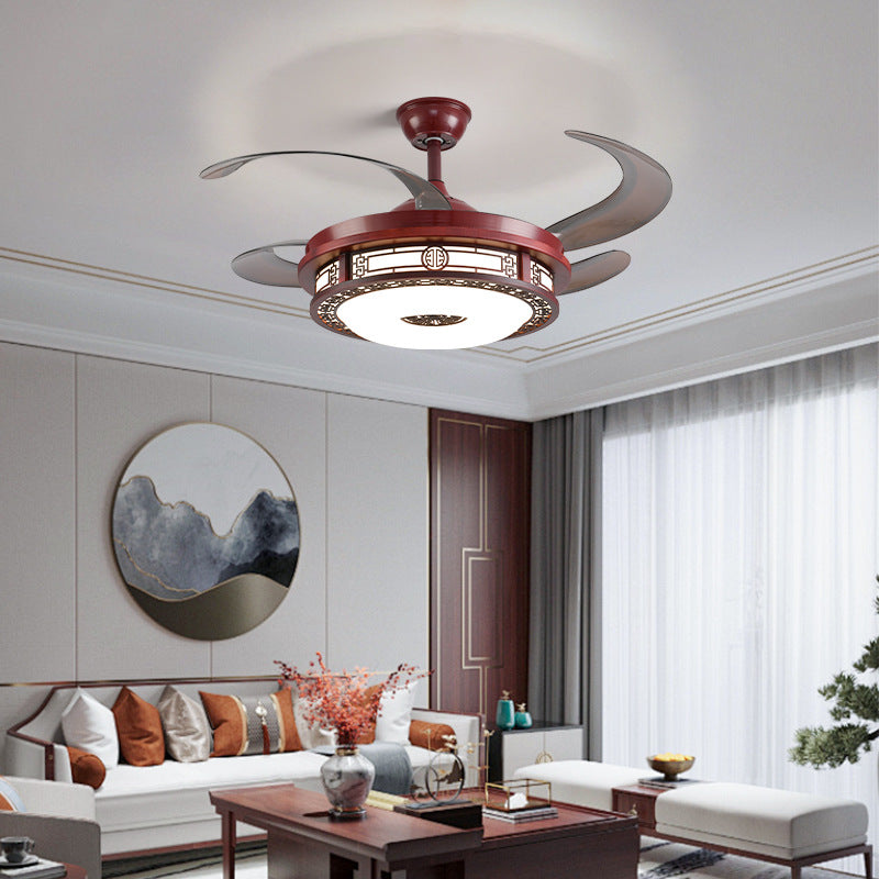 Wood art frequency conversion restaurant invisible ceiling fan light living room lamp solid wood 42 inch 48 Chinese style mahogany Chinese fan light