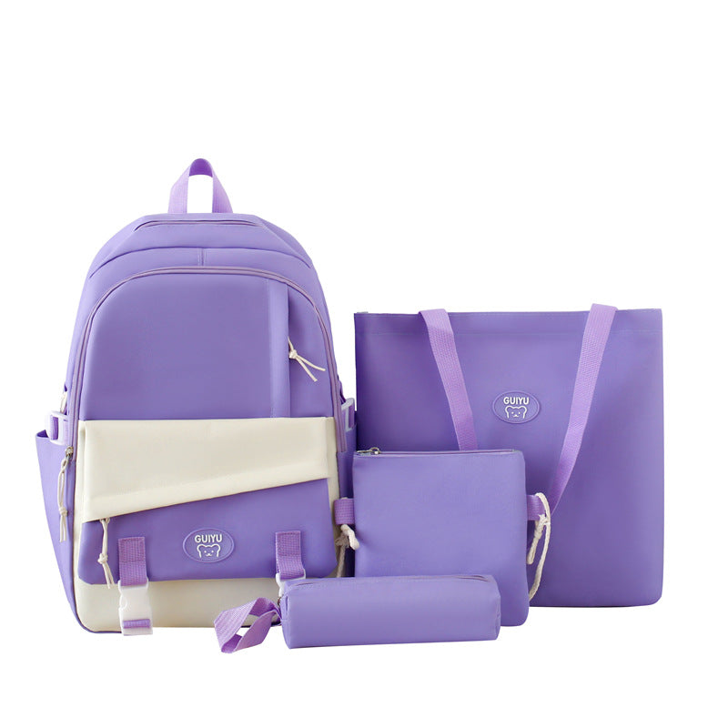 Simple four-piece schoolbag, female primary school backpack, large-capacity junior high school backpack, high-value lightweight backpack