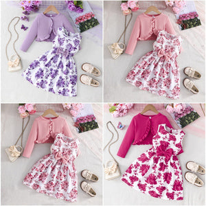 exclusive: kids' fashion solid color jacket & printed dress two-piece set - trendy pink collection