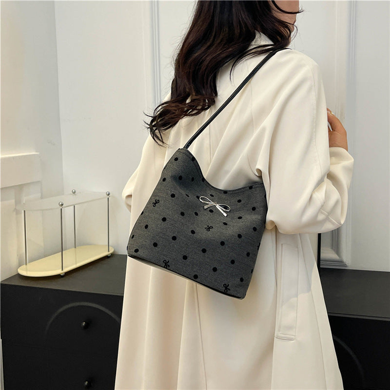 Canvas polka dot bag women's autumn 2025 new fashion commuter bow shoulder bag tote bucket women's bag
