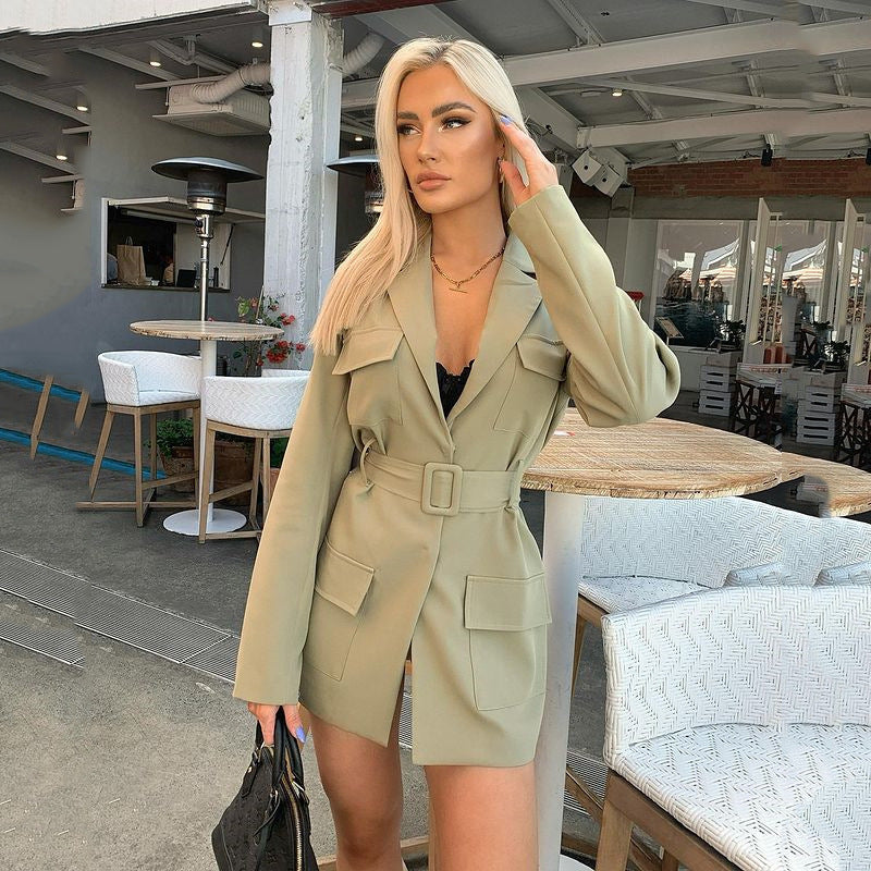European and American ins style 2024 autumn fashion medium and long suit cardigan with tie-up deep V-neck long-sleeved temperament large size women's clothing