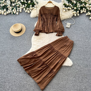 French chic slim-fit cardigan and midi skirt set - women's autumn two-piece outfit - long sleeve versatile blouse for work and casual wear