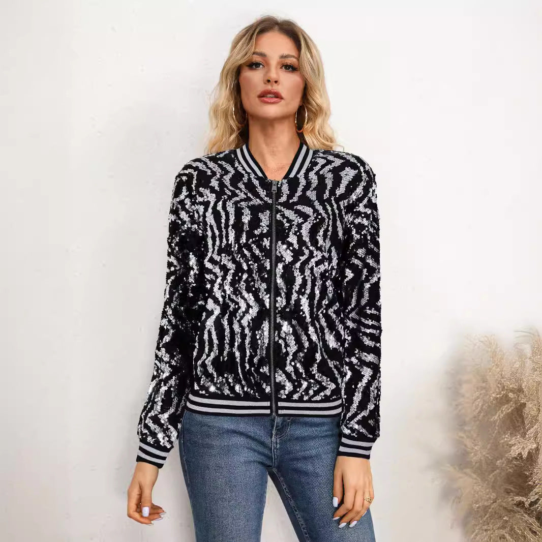 10391 Cross-border Europe, America,  autumn and winter women's clothing silver sequined long-sleeved baseball jersey