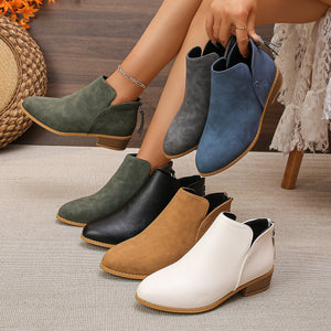 Fashionexportplus size leather boots women's boots pure colorslimming look pointed toe back zipper casualthick sole thick heel boots women's single