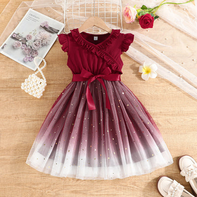 european and american cross-border summer new collection: girls' burgundy ruffle flutter sleeve fashion dress with ribbon belt