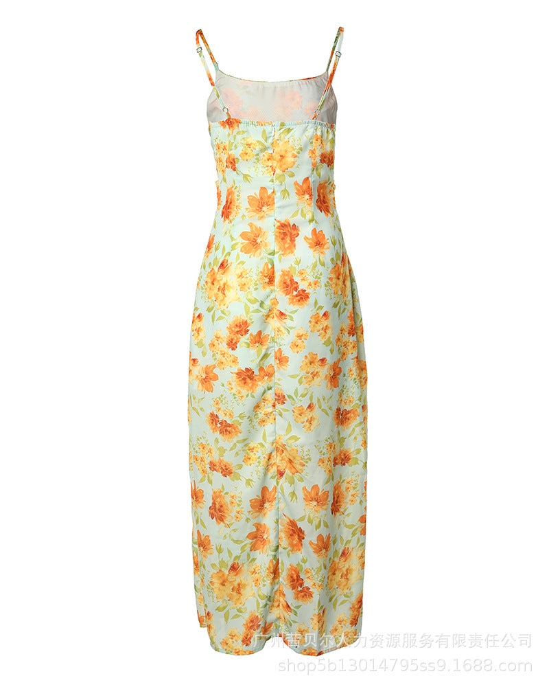 Spot Foreign Trade 2022 Women's Temperament Commuter -- List _ Suspender Folds Split Printed Dress