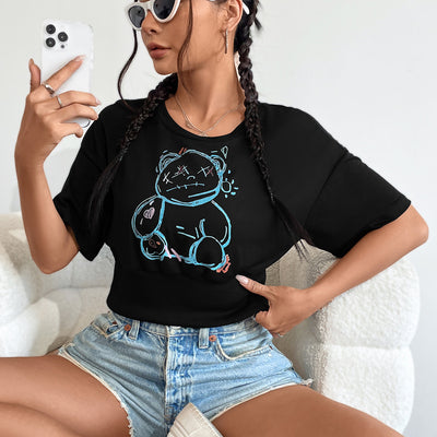 Pre-sale-53160# cross-border women's fashion european and american ins fashion round neck printed short t-shirt