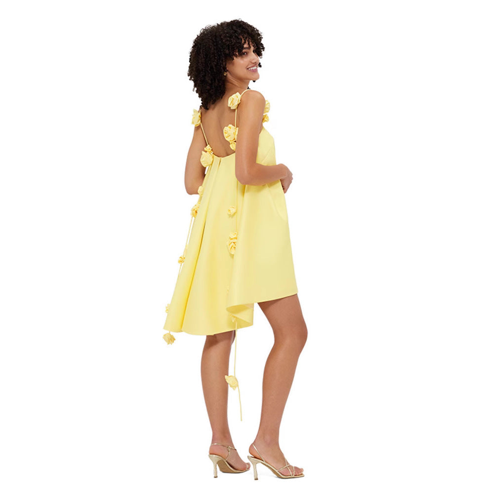 Spring and summer 2025 European and American  new sexy yellow backless three-dimensional flower suspender skirt short skirt