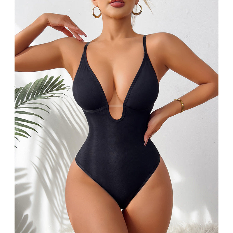 Spot  hot-selling explosion deep V-neck sexy waist plastic waist open T-shaped onesie women