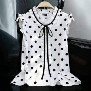 European and american style retro polka dot tank top - plus size, ruffle trim, v-neck design, loose fit, sleeveless top - flattering and concealing