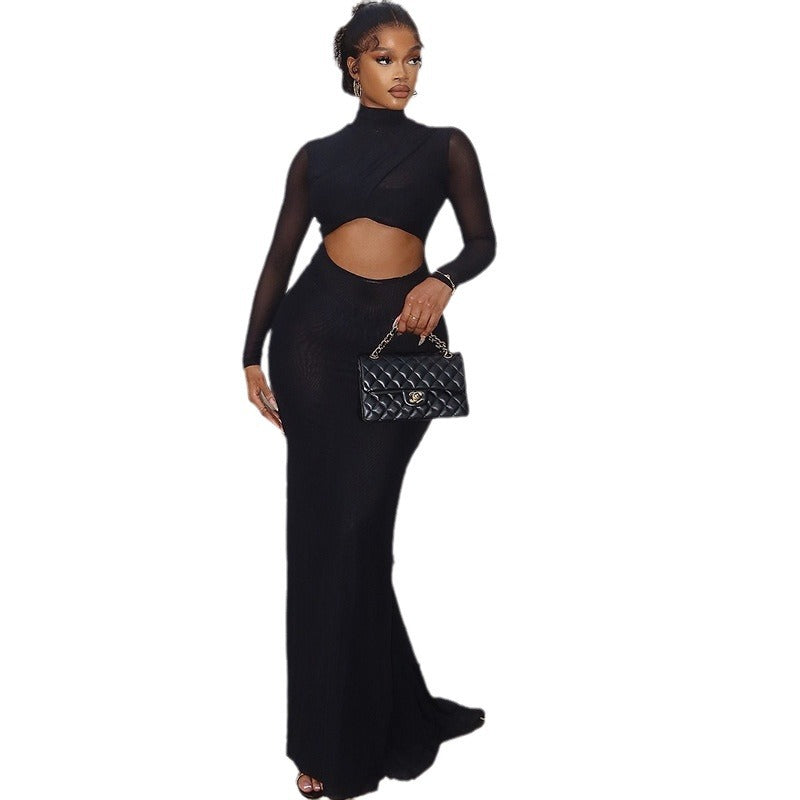 European and American fashion women's clothing solid color dress sexy mesh individual splicing long-sleeved semi-turtleneck temperament one-step skirt