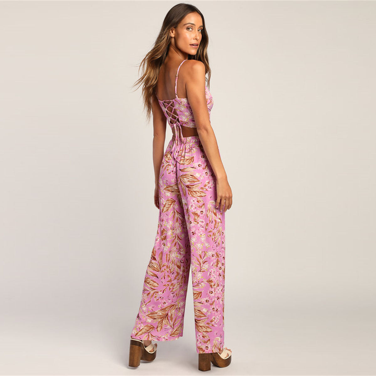 Spot European and American new  casual suit, sexy suspender vest, high waist printed wide-leg pants suit