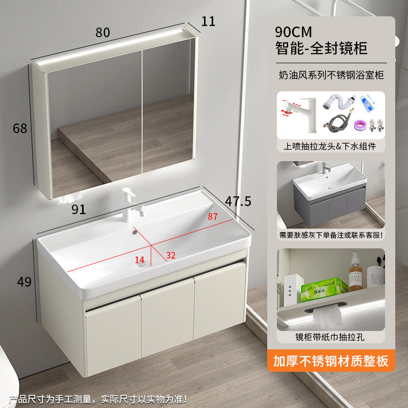 Stainless steel moisture-proof bathroom cabinet, smart mirror cabinet, washstand, ceramic integrated washbasin, deepen seamless washstand
