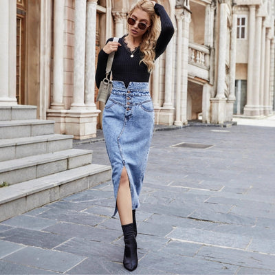 Pre-sale-30577# cross-border fashion foreign trade new slit high waist slimming look hip covering denim skirt